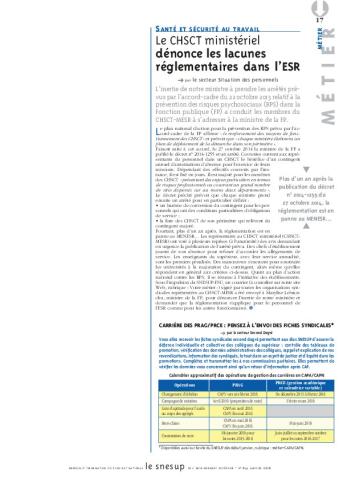 SANTÉ ET SÉCURITÉ AU TRAVAIL : Le CHSCT ministériel dénonce les lacunes réglementaires dans l’ESR - Secteur Situation des personnels - N° 641 JANVIER 2016