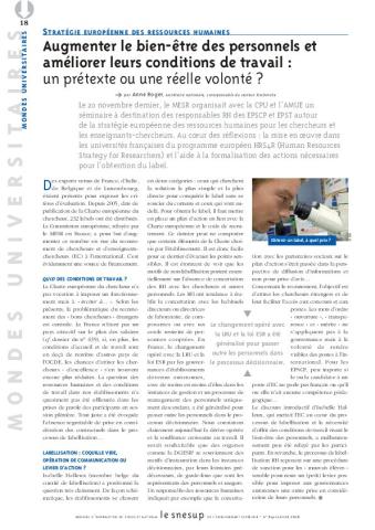 STRATÉGIE EUROPÉENNE DES RESSOURCES HUMAINES : Augmenter le bien-être des personnels et améliorer leurs conditions de travail : un prétexte ou une réelle volonté ? - Anne Roger - N° 641 JANVIER 2016