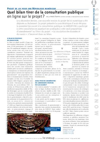 PROJET DE LOI POUR UNE RÉPUBLIQUE NUMÉRIQUE : Quel bilan tirer de la consultation publique en ligne sur le projet ? - Heidi Charvin - N° 641 JANVIER 2016