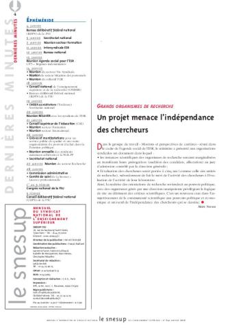 GRANDS ORGANISMES DE RECHERCHE : Un projet menace l’indépendance des chercheurs - Marc Neveu - N° 641 JANVIER 2016