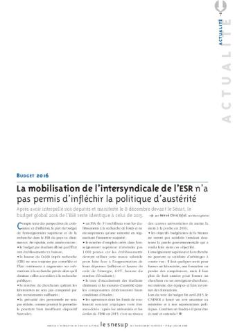 BUDGET 2016 : La mobilisation de l’intersyndicale de l’ESR n’a pas permis d’infléchir la politique d’austérité - Hervé Christofol - N° 641 JANVIER 2016