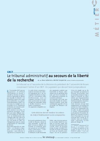 CRCT : Le tribunal administratif au secours de la liberté de la recherche - Max Lebreton et Michel Carpentier - N° 642 FEVRIER 2016