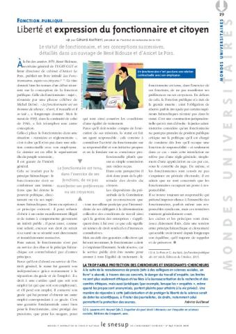 FONCTION PUBLIQUE : Liberté et expression du fonctionnaire et citoyen - Gérard Aschiéri - N° 642 FEVRIER 2016