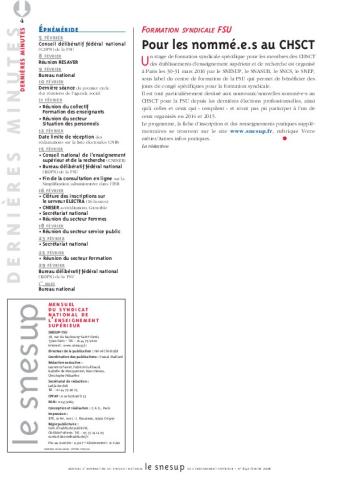 FORMATION SYNDICALE FSU : Pour les nommé.e.s au CHSCT - La rédaction - N° 642 FEVRIER 2016