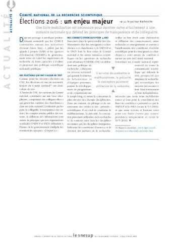 COMITÉ NATIONAL DE LA RECHERCHE SCIENTIFIQUE : Élections 2016 : un enjeu majeur - Secteur Recherche - N° 642 FEVRIER 2016
