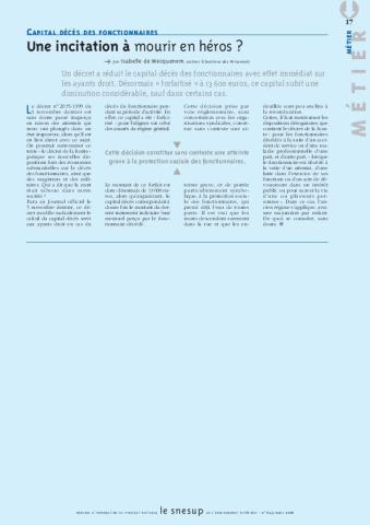 CAPITAL DÉCÈS DES FONCTIONNAIRES : Une incitation à mourir en héros ? - Isabelle de Mecquenem - N° 643 MARS 2016