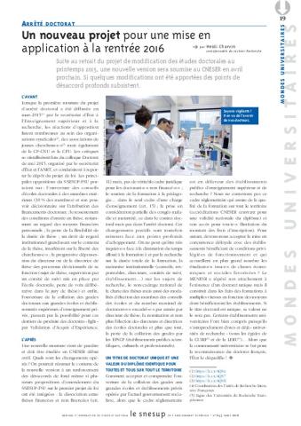 ARRÊTÉ DOCTORAT : Un nouveau projet pour une mise en application à la rentrée 2016 - Heidi Charvin - N° 643 MARS 2016