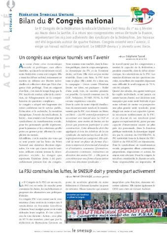 FÉDÉRATION SYNDICALE UNITAIRE : Bilan du 8e Congrès national - Stéphane Tassel - N° 643 MARS 2016