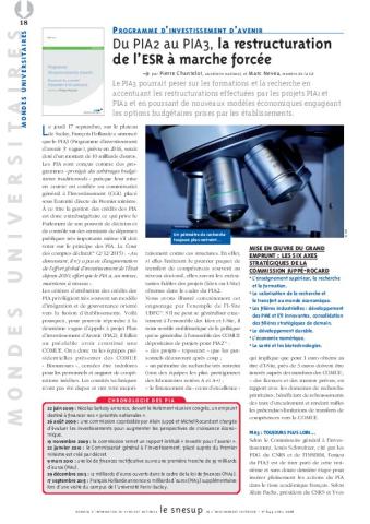PROGRAMME D’INVESTISSEMENT D’AVENIR Du PIA2 au PIA3, la restructuration de l’ESR à marche forcée : Pierre Chantelot et Marc Neveu - N° 644 AVRIL 2016