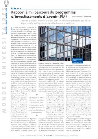 PIA1 ET 2 : Rapport à mi-parcours du programme d’investissements d’avenir (PIA) - Secteur Recherche - N° 645 MAI 2016