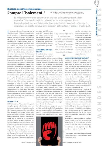 HISTOIRE DE NOTRE SYNDICALISME : Rompre l’isolement ! - Bertrand Geay - N° 645 MAI 2016