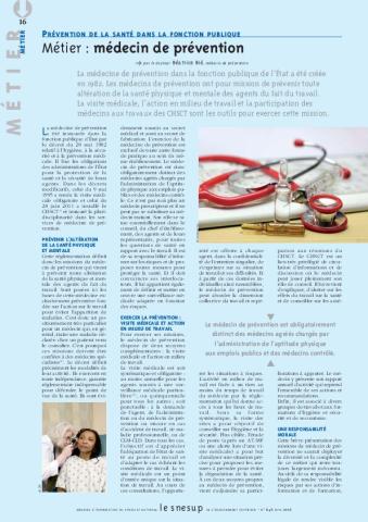 PRÉVENTION DE LA SANTÉ DANS LA FONCTION PUBLIQUE : Métier : médecin de prévention - Béatrice Blé - N° 646 JUIN 2016