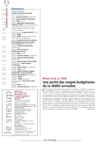 BUDGET 2016 DE L’ESR : Une partie des coupes budgétaires de la MIRES annulées - Marc Neveu - N° 646 SEPTEMBRE 2016