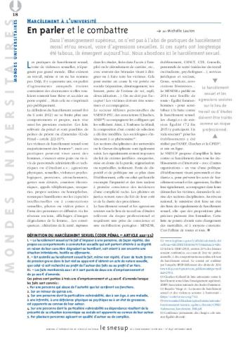 HARCÈLEMENT À L’UNIVERSITÉ : En parler et le combattre - Michelle Lauton - N° 647 SEPTEMBRE 2016
