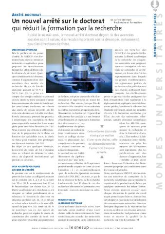 ARRÊTÉ DOCTORAT : Un nouvel arrêté sur le doctorat qui réduit la formation par la rechercheUn nouvel arrêté sur le doctorat qui réduit la formation par la recherche - Secteurs Recherche et Formation - N° 647 SEPTEMBRE 2016
