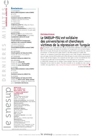 INTERNATIONAL : Le SNESUP-FSU est solidaire  des universitaires et chercheurs victimes de la répression en Turquie - Secteur International - N° 647 SEPTEMBRE 2016