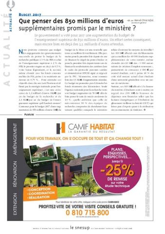 BUDGET 2017 : Que penser des 850 millions d’euros supplémentaires promis par le ministère ? - Hervé Christofol - N° 648 OCTOBRE 2016