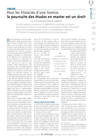 CNESER : Pour les titulaires d’une licence, la poursuite des études en master est un droit - Secteur des Formations supérieures - N° 648 OCTOBRE 2016