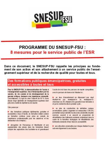 PROGRAMME DU SNESUP-FSU : 8 mesures pour le service public de l'ESR