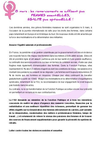 8 mars - Femmes essentiELLES, égalité pas optionnELLE ! - Communiqué de la FSU du 5 mars 2021