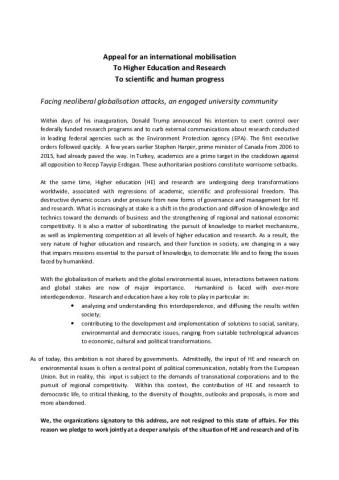APPEL À UNE MOBILISATION INTERNATIONALE  pour l’enseignement supérieur et la recherche, pour le progrès scientifique et humain