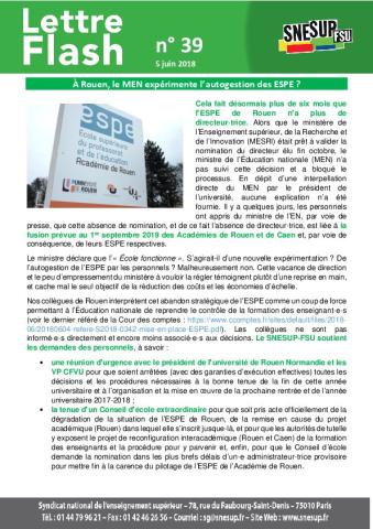 À Rouen, le MEN expérimente l’autogestion des ESPE ? - Lettre Flash n° 39, 5 juin 2018