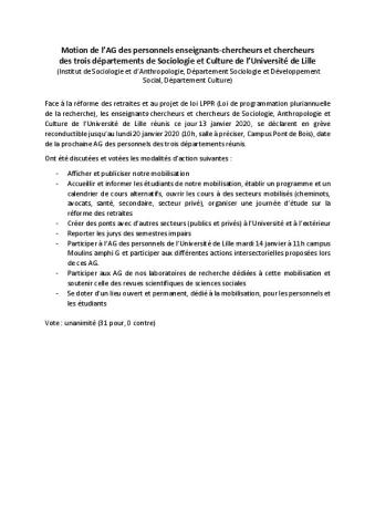 Université de Lille : Motion de l’AG des personnels enseignants-chercheurs et chercheurs des trois départements de Sociologie et Culture - 13 janvier 2020