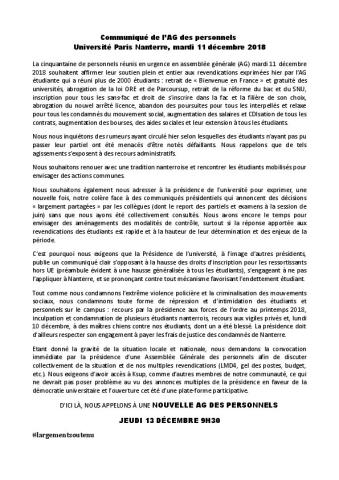 Université Paris-Nanterre : Communiqué de l'AG des personnels du 11 décembre 2018