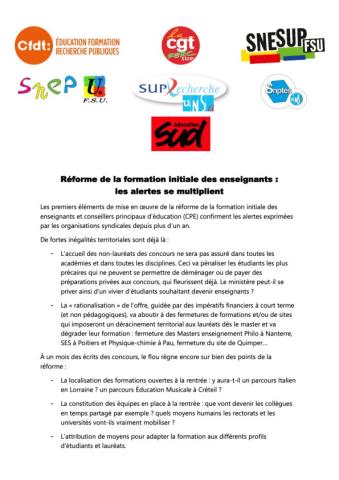 Réforme de la formation initiale des enseignants :  les alertes se multiplient - Communiqué intersyndical du 20 février 2026