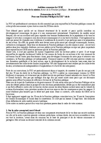 Intervention de la FSU lors de l'audition commune au CESE le 16 novembre 2016 dans le cadre de la mission "Avenir de la Fonction Publique".