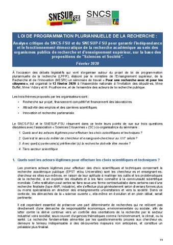 LPPR - Analyses SNESUP-FSU et SNCS-FSU des positions de sciences citoyennes  - Février 2020