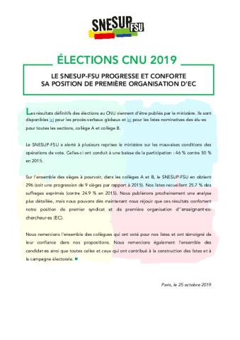 ELECTIONS CNU 2019 - LE SNESUP-FSU PROGRESSE ET CONFORTE  SA POSITION DE PREMIÈRE ORGANISATION D’EC