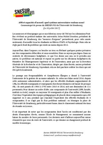 APB et capacités d'accueil : communiqué SNESUP Strasbourg