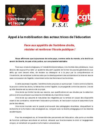Appel de la FSU et de la CGT : Face aux appétits de l’extrême droite, résister et renforcer l’école publique ! - 30 janvier 2026
