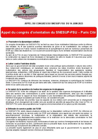 Appel du congrès d'orientation du SNESUP-FSU - 12, 13 et 14 juin 2023 - Lettre Flash n°74 du 9 juin 2023