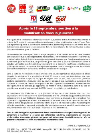 Après le 18 septembre, soutien à la mobilisation dans la jeunesse - Communiqué intersyndical du 23 septembre 2025