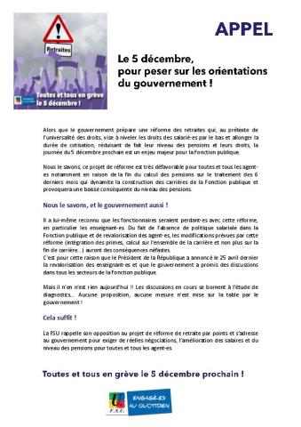 RETRAITES - Appel de la FSU pour le 5/12