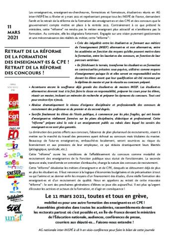 11 MARS 2021 - Tou-tes mobilisé-es pour le retrait de la réforme de la formation des enseignant-es & CPE !