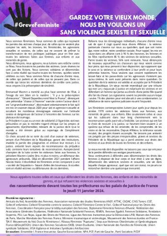 #GreveFeministe 11 JANVIER 2024  - Appel unitaire pour un monde sans violences sexistes et sexuelles 
