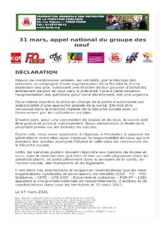 31 mars, appel national du groupe des neuf - Communiqué du 17 mars 2021