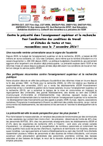 Appel intersyndical à la mobilisation pour le 7 novembre 2016