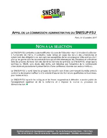 NON À LA SÉLECTION - Appel de la Commission Administrative du SNESUP-FSU