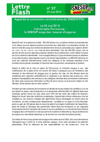Catastrophe Parcoursup : le SNESUP exige des mesures d’urgence - Appel de la CA du 24 mai 2018, Lettre Flash n° 37