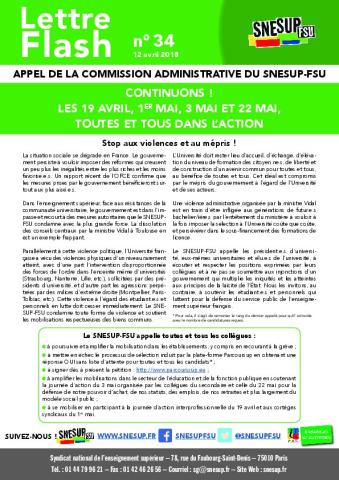 CONTINUONS ! LES 19 AVRIL, 1ER MAI, 3 MAI ET 22 MAI, TOUTES ET TOUS DANS L'ACTION - Appel de la CA du 12 avril 2018 - Lettre Flash n° 34