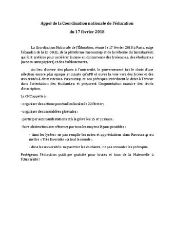 Appel de la Coordination nationale de l’éducation  du 17 février 2018