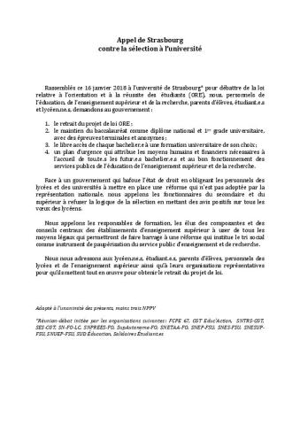 Appel de Strasbourg contre la sélection à l'université