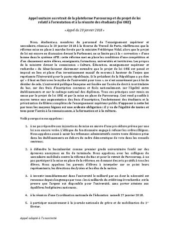 Appel du 20 janvier 2018