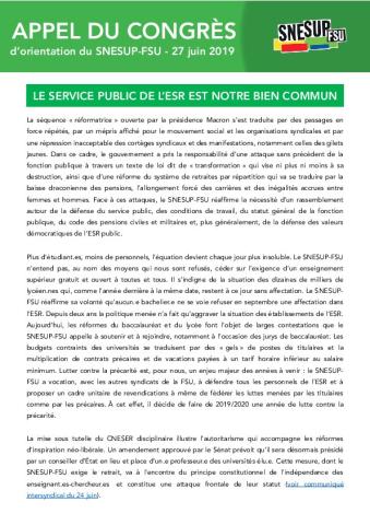 APPEL DU CONGRES D'ORIENTATION DU SNESUP-FSU - LE SERVICE PUBLIC DE L’ESR EST NOTRE BIEN COMMUN - 27 juin 2019