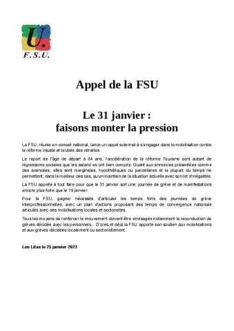 Appel de la FSU - le 31 janvier : faisons monter la pression -Communiqué de presse FSU du 25 janvier 2023 