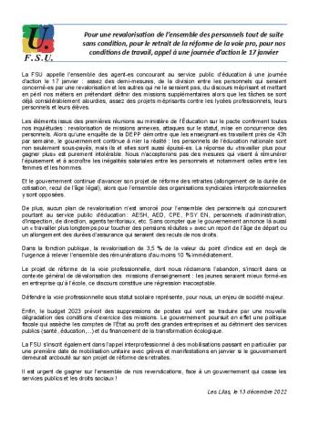Pour une revalorisation de l’ensemble des personnels tout de suite sans condition, pour le retrait de la réforme de la voie pro, pour nos conditions de travail, appel à une journée d’action le 17 janvier